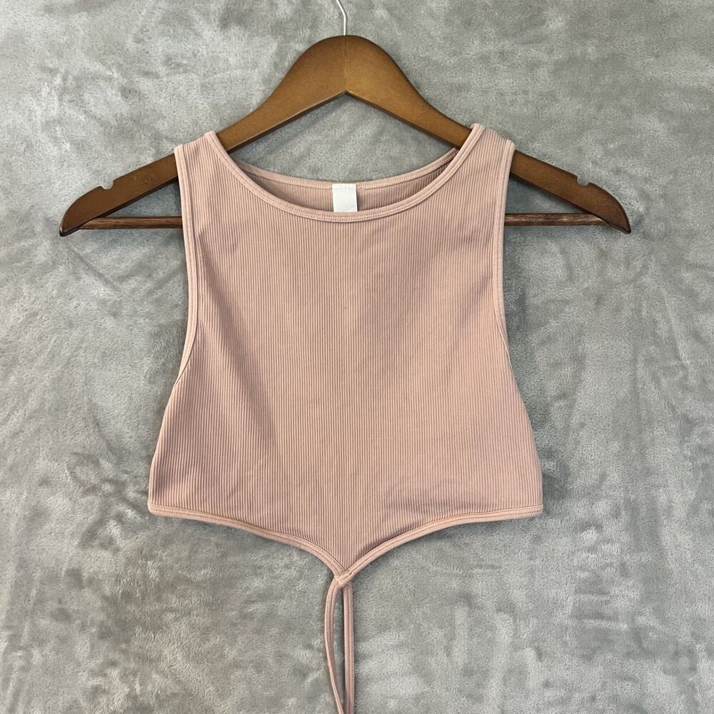 A by Avocado Women’s Ribbed Crop Tank Top Pink S/M Wrap Waist Strap Sleeveless - Picture 2 of 8
